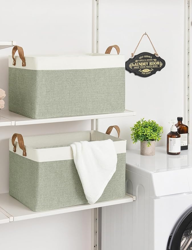 StorageWorks Storage Bins, Fabric Storage Bins for Shelves, Extra Large Storage Baskets with Metal Frame, Closet Baskets and Bins with Handles, Jumbo, Green and White, 2-Pack-Ruum Studio Home