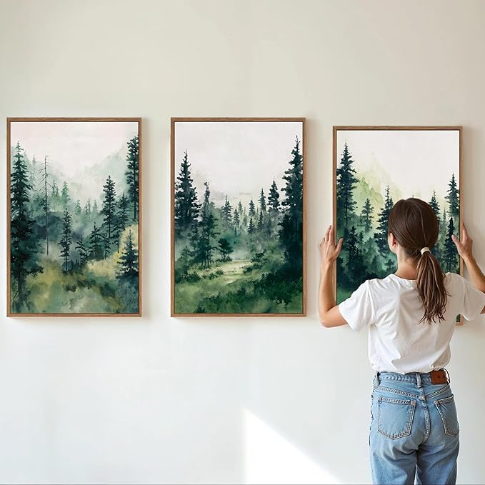 Tinonedraw Watercolor Forest Framed Canvas Wall Art Set, Modern Pine Tree Wall Painting, Nature Foggy Landscape Wall Decor, Misty Mountain Art Prints for Bedroom Living Room Farmhouse Office 16"x24"x3-Ruum Studio Home