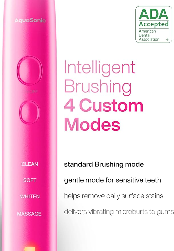 Aquasonic Vibe Series Ultra-Whitening Toothbrush – ADA Accepted Electric Toothbrush - 8 Brush Heads & Travel Case – 40,000 VPM Motor & Wireless Charging - 4 Modes w Smart Timer – Electric Pink-Ruum Studio Home