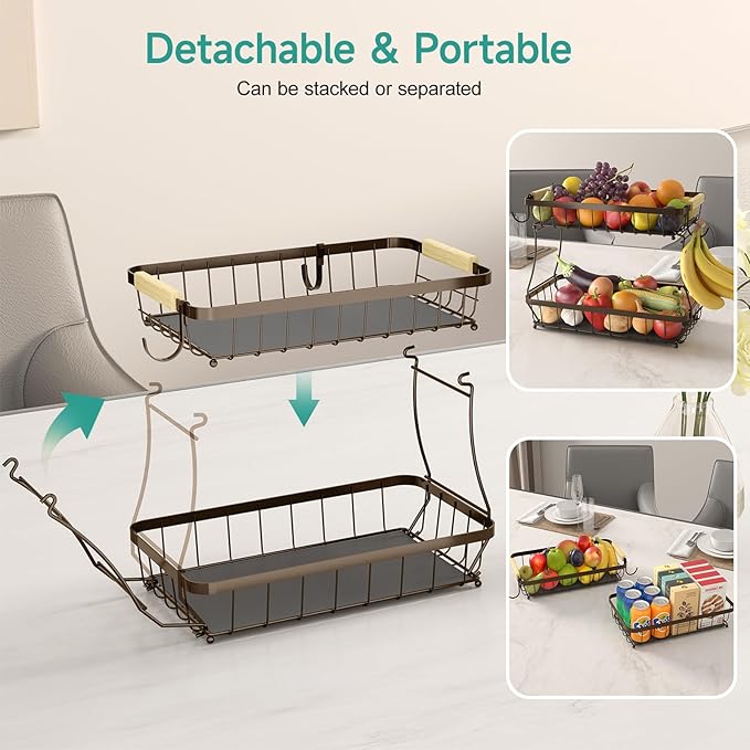 3 Tier Fruit Basket for Kitchen Counter with 2 Mobile Banana Hangers, 2025 Pro Detachable Metal Fruit Bowl with Wooden Handle, Fruit Holder for Bread Snack Veggies, Brown-Ruum Studio Home