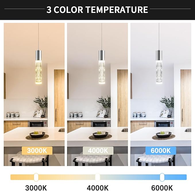 OKELI Modern Pendant Light,3 Color LED Bubble Crystal Island Light Fixtures,Chrome Mini Pendant Lighting for Kitchen Island,Bar,6W,3000-6000K,ETL-Ruum Studio Home
