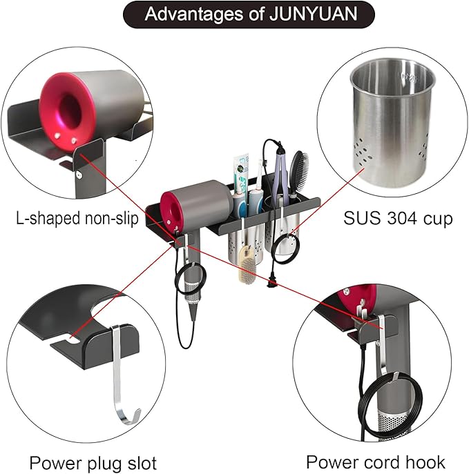 junyuan Hair Tool Organizer Wall Mount,Self Adhesive Hair Dryer Holder for Bedroom & Bathroom,Blow Dryer Holder for Dyson Hair Dryer,Stainless Steel Cups for Medium or Small Bathroom Storage 4" Width-Ruum Studio Home