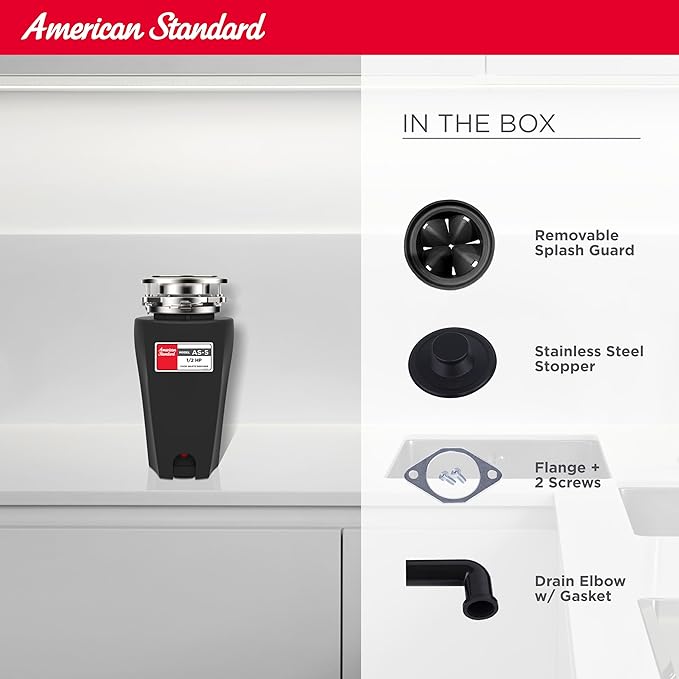 American Standard 10-US-AS-5 Garbage Disposal Anti-Jam Stainless Steel Food Waste Grinding System, Slim Line, 1/2 HP, Black-Ruum Studio Home