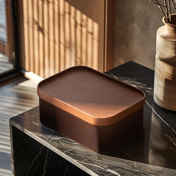 La Jolie Maison Fluted Cardboard Storage Baskets with Leather-Like Lids, Sturdy Stackable Paper Boxes Decorative Tray, Set of 3 Chestnut-Ruum Studio Home