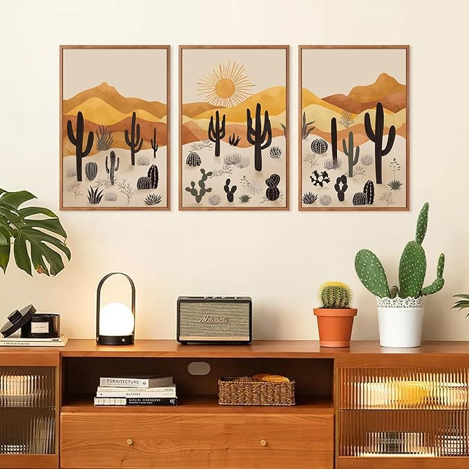 KAIRNE Cactus Canvas Wall Art,Desert Landscape Paintings,Aesthetic Abstract Prints Set of 3(16”X24”),Minimalist Farmhouse Wall Decor,Abstract Boho Artwork for Living Room Bedroom Office Decoration-Ruum Studio Home