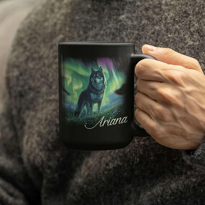 Personalized Husky With Northern Lights Coffee Mug, Custom Name Black Cup 11oz 15oz, Customized Cute Husky Dog Ceramic Mug, Gift For Animal Lovers, Beautiful Landscape Keepsake Cup-Ruum Studio Home