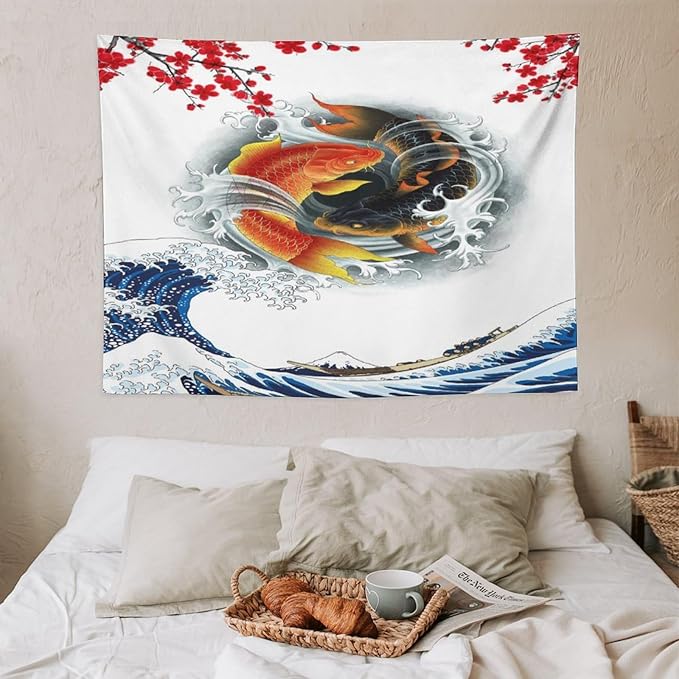Houselerax Koi Fish Tapestry, Japanese Style Yin Yang Big Wave Cherry Blossoms Tapestries Wall Hanging for Bedroom Living Room Office Decor 40"x30"-Ruum Studio Home