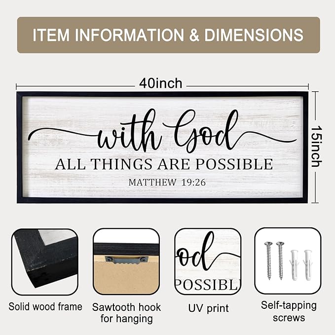 With God All Things are Possible Framed Wall Art, 40''×15'' Black Positive Religious Rustic Bible Verse for Christian God Jesus Christ Prayer, Holy Horizontal Inspirational Catholic Scripture Decor-Ruum Studio Home
