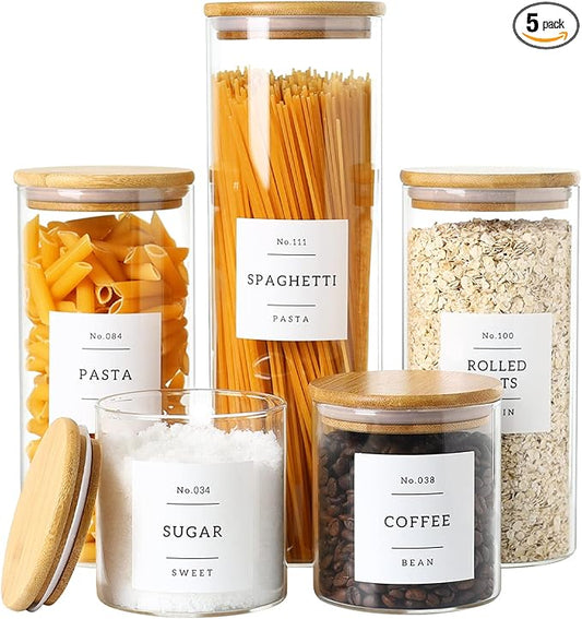 5 Pack Glass Jars with Bamboo Airtight Lids - Stackable Food Storage Containers with 132 Pantry Labels - with Wood Lid for Candy, Cookie, Rice, Sugar, Flour, Pasta, Nuts-Ruum Studio Home
