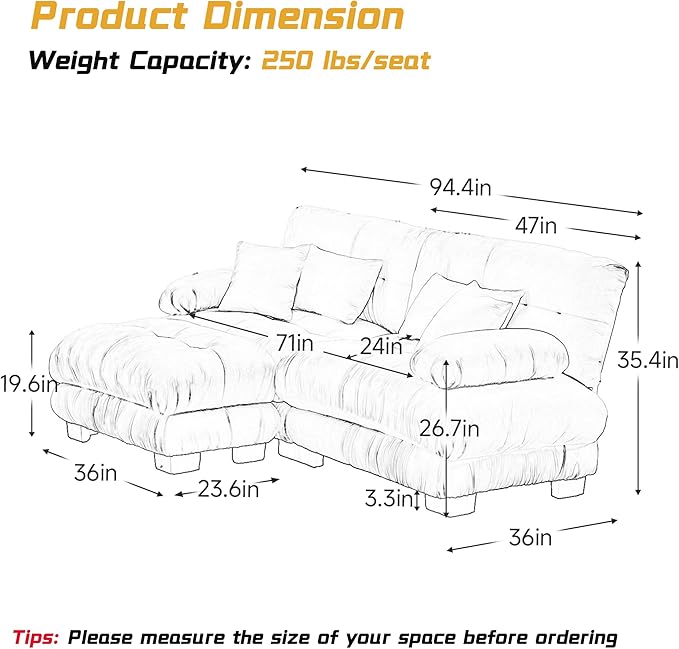 Modular Sectional Sofa, L Shaped Couch with Ottoman, 2 Seater Cloud Couch Small Couches for Small Spaces, Modern Deep Seat Sofa Living Room Oversized Loveseat W/Bolster Armrests 4 Pillows-Ruum Studio Home