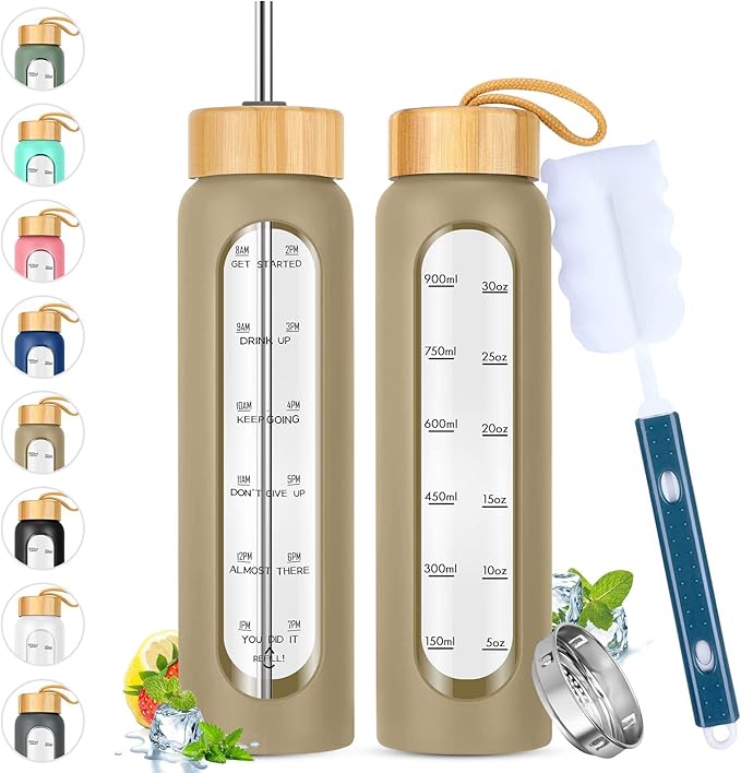 32 oz Glass Water Bottle with Straw - Motivational Time Marker & Silicone Sleeve - Reusable Tumbler Includes 2 Bamboo Lids & Fruit Infuser - 1 Pack-Ruum Studio Home