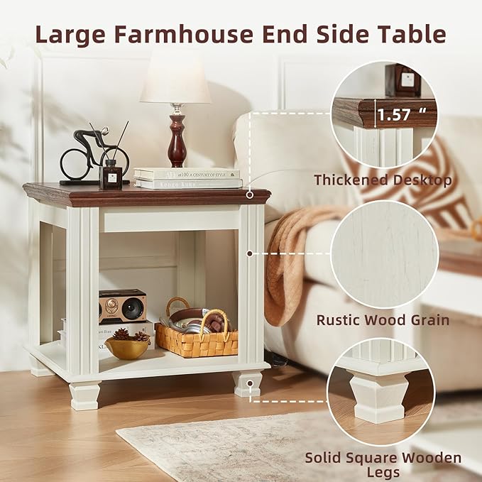 Farmhouse End Table Set of 2,Large Side Table with 2-Tier Storage Shelf,Rustic Wood End Tables for Living Room,Square Tea Table,White-Ruum Studio Home