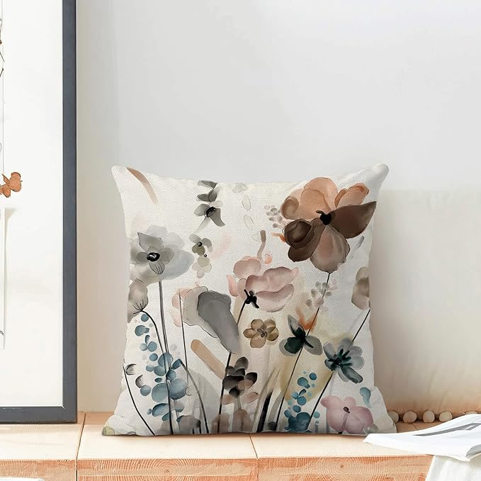 CXMEIFLY Spring Floral Pillow Covers 18 x 18 Inch Set of 2 for Watercolor Flowers Decor Throw Pillows Teal Brown Leaves Plant Floral Outdoor Decorative Cushion Cases for Couch Bed Decorations-Ruum Studio Home