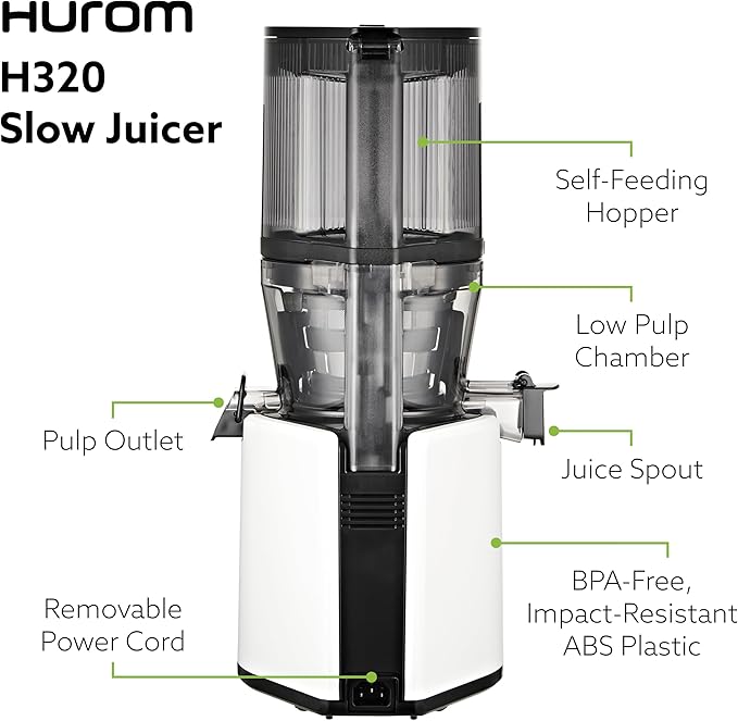 Hurom H320 Cold Press Juicer Machine, Easy to Clean Masticating Slow Juicer, Coarse Strainers, Self-Feeding, Hands Free, Family Size, Quiet Motor, Easy Assembly (White)-Ruum Studio Home