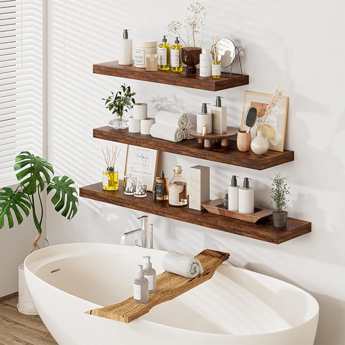 Heimlove 48W x 12D Long Floating Shelf, 12 Inch Deep Floating Shelves for Wall Set of 2, Wood Shelves for Bedroom Living Room Bathroom Kitchen Home Office, Rustic Brown-Ruum Studio Home