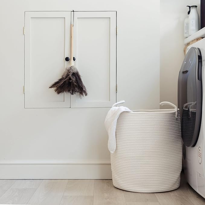 OrganiHaus White Laundry Basket 15x18, Cotton Rope Basket for Blankets, Tall Woven Baskets for Storage, Large Basket for Toys, Soft Blanket Holder Bin, Boho Blanket Basket for Living Room-Ruum Studio Home