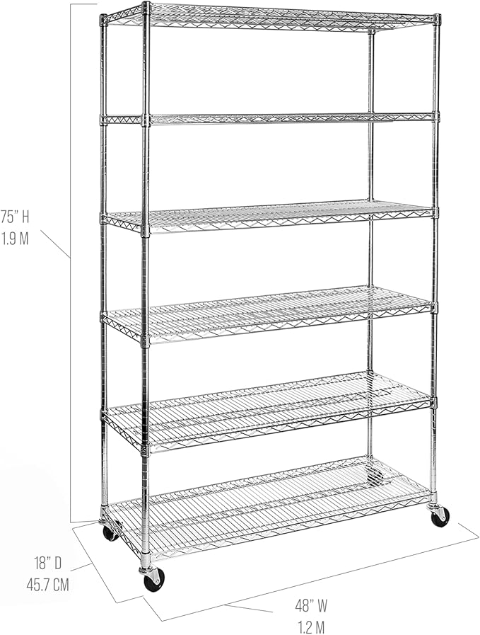 Seville Classics UltraDurable Heavy Duty NSF Solid Steel Wire Rack Storage Unit Wheels, 6-Tier Shelving, 48" W x 18" D-Ruum Studio Home
