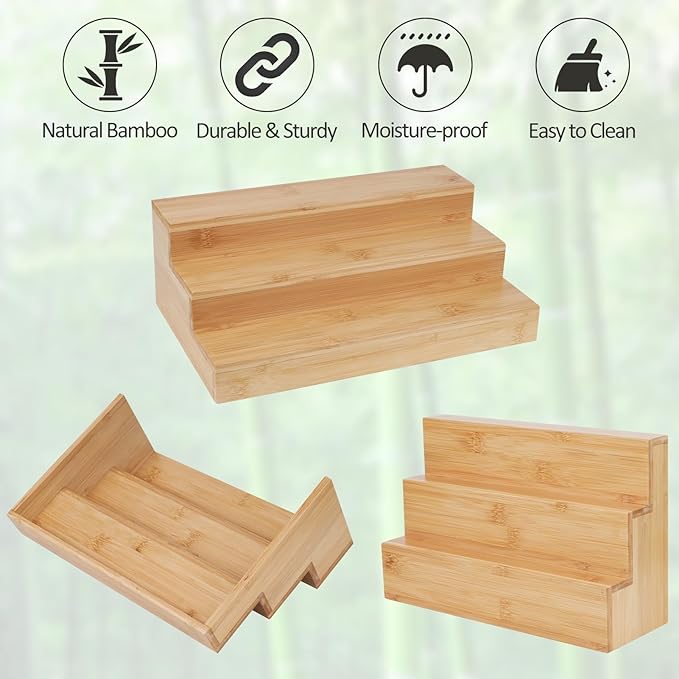 2 Pack Bamboo Spice Rack Organizer for Countertop, 3 Tier Spice Step Shelf for Cabinet (Jars Not Included)-Ruum Studio Home