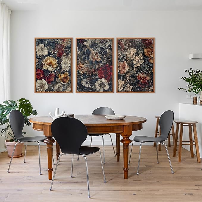Aurlan Dark Moody Boho Wildflowers Wall Art Set(16"x24"), 3 Pieces Vintage Mid Century Modern Floral Framed Canvas Artwork, Large French Penoy Botanical Wall Decor for Office Bedroom Living Room-Ruum Studio Home