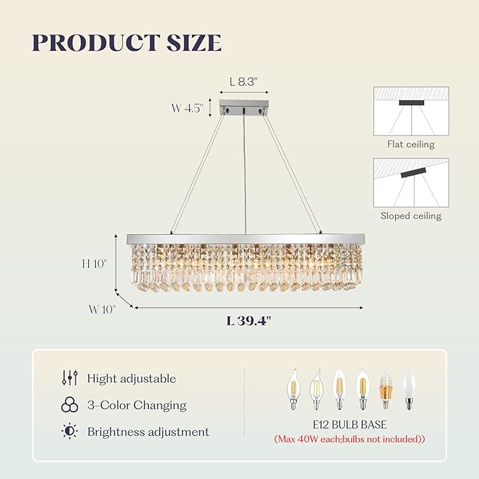 Modern Rectangular Crystal Chandeliers,8 Lights Rectangular Pendant Light Fixture,Adjustable Height K9 Crystal Chandelier for Dining Room L40''xW10''xH10''-Ruum Studio Home