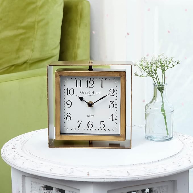 NIKKY HOME Rotating Table Clock, Non-Ticking Silent Battery Operated Decorative Mantel Desk Shelf Metal Clock for Home, Office, Living Room, Bed Room - Gold-Ruum Studio Home