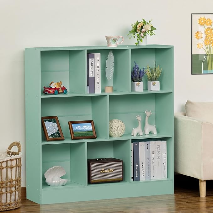 LEYAOYAO 8 Cube Bookshelf with Base,3 Tier Modern Mint-Green Kids Bookcase,Standing Wide Bookshelves Storage Organizer Toy Shelf,Wood Display Children's Book Shelves for Bedroom,Living Room,Nursery-Ruum Studio Home