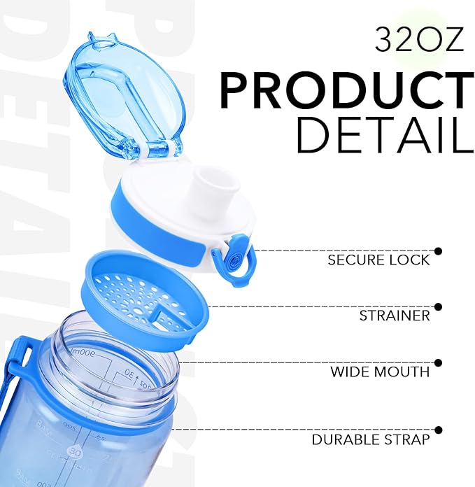 32oz Motivational Water Bottles with Time Marker & Fruit Strainer, Transparent Gradient Color Water Bottle with Times to Drink, Leakproof & BPA Free, Reusable Bottle with Strap (No Straw)-Ruum Studio Home