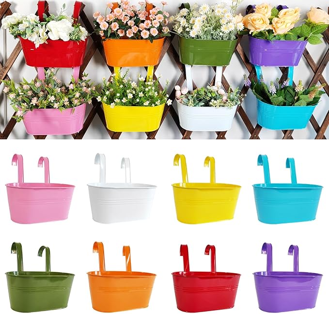 8 Pack Hanging Planters 10", Colorful Metal Bacony Railing Planter for Outdoor Decor, Countryside Fence Pot Flower Bucket for Rails Patio Garden, Plant Pot for Herb (Multi-Color, 8Pcs)-Ruum Studio Home