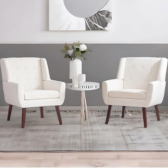 HUIMO Button-Tufted Accent Chairs Set of 2,Upholstered Reading Living Room Chair,Mid Century Modern Chair with Linen Fabric, Club Chair,Comfy Arm Chairs for Living Room,Bedroom,Beige-Ruum Studio Home