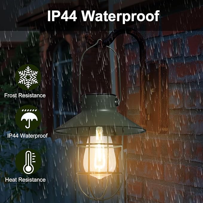 pearlstar Solar Lanterns Outdoor Metal Solar Powered Hanging Lights Waterproof for Wall Barn Yard Garden Patio Garage Balcony Porch Fence Decor, Warm White Edison Bulb (Green-2pack)-Ruum Studio Home