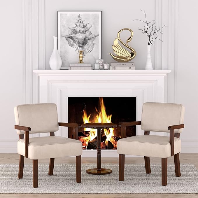 Accent Chair Set of 2 with Table, PU Leather Chair for Living Room Oversized Armchair with Soft Seat and Armrests for Bedroom Dinning Reading Waiting Room (Leather Beige)-Ruum Studio Home