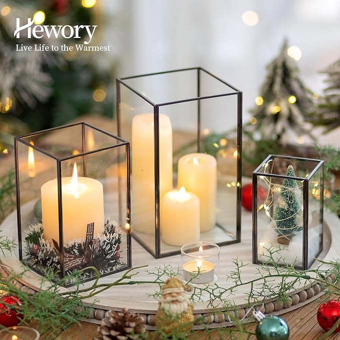 Glass Hurricane Candle Holder Large - Hewory 6pcs Black Rectangle Flower Holders Centerpiece for Table, Tall Floor Square Pillar Candle Lantern for Wedding, Anniversary, Party, Fireplace, Dining Room-Ruum Studio Home