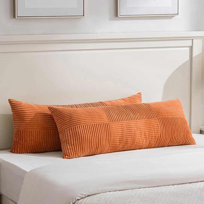 Fancy Homi Set of 2 Orange Boho Long Lumbar Body Decorative Throw Pillow Cover 14x36 Inch for Bed Couch Bedroom Bench, Soft Patchwork Corduroy Textured Pillow Case, Rustic Farmhouse Room Décor-Ruum Studio Home