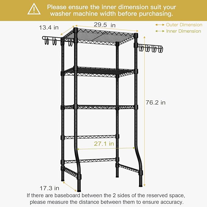 Ulif U8 Mini Laundry Room Storage Organizer, Over the Washer and Dryer Storage Shelves for Laundry Organization, 29.5”W x 17.3”D x 76.2”H, Suit Washing Machine Width within 27.1”, Hold 304 lb, Black-Ruum Studio Home