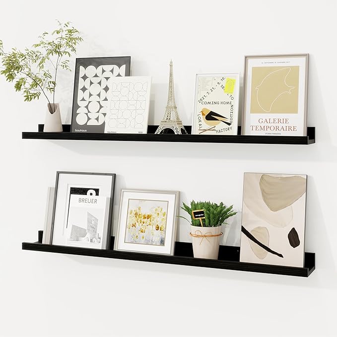 Picture Ledge Shelf, Solid Pine Wood Floating Shelves Set of 2, 32 Inches Nursery Book Shelves for Toys Storage, Kids Bookshelf Wall Mounted for Living Room Bedroom Decor Books Photo Frames, Black-Ruum Studio Home