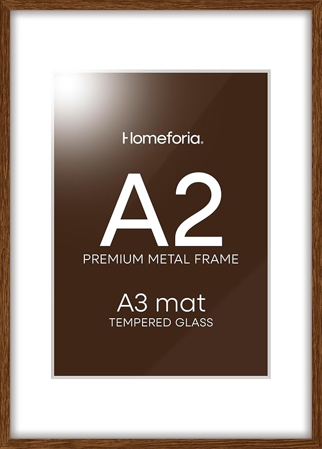 Homeforia A2 Picture Frame Brown, High End Dark Oak 16.5 x 23.4 Wooden Poster Frame Matted to 11.7 x 16.5 Photo, A2 Walnut Wood Frame with Mat A3, 16.5 x 23.5 Frame, Tempered Glass, Wall Kit, Set of 1-Ruum Studio Home