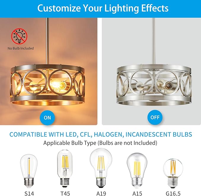 XINGQI Nickel Ceiling Light Adjustable Height Pendant Lighting Fixture 3-Light Metal Lamp 13" Rustic Round Lights for Dining Room Kitchen Bedroom Foyer Hallway-Ruum Studio Home