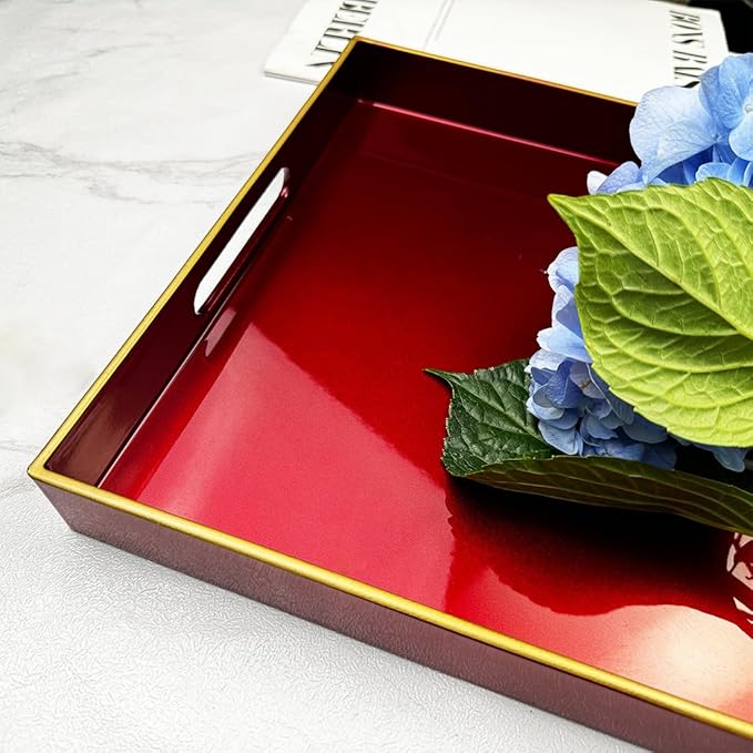 Large Red Decorative Tray, Serving Tray with Handles, Plastic Coffee Table Tray for Ottoman, Living Room, Bathroom, Decor. 15.7” x 11.8” x1.6”-Ruum Studio Home