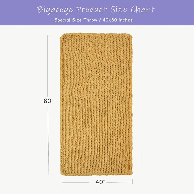 Bigacogo Chunky Knit Throw Blanket for Couch, 40x80 inches, 100% Hand Knitted with Thick Jumbo Chenille Yarn, Cozy Soft Large Rope Knot Cable Crochet Blankets for Sofa Bed Living Room, Mustard Yellow-Ruum Studio Home