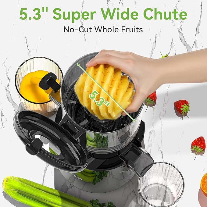Cold Press Juicer - 5.3" Large Feed Chute Juicer Machines for Whole Vegetables & Fruits, 99% High Juice Yield, Quiet & Easy to Clean Slow Masticating Juicer, BPA-Free, Preserves More Nutrients (Black)-Ruum Studio Home