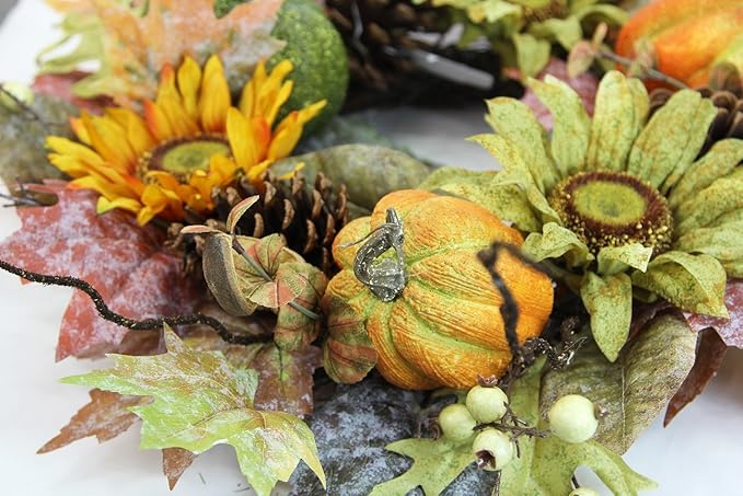 Admired By Nature 24 Inch Artificial Fall Pumpkin Sunflowers Wreath Wall Door Farmhouse Decor For Home Office Thanksgiving Harvest Wreaths For Front Door Cemetery Wreaths Indoor Outdoor, Green/Autumn-Ruum Studio Home