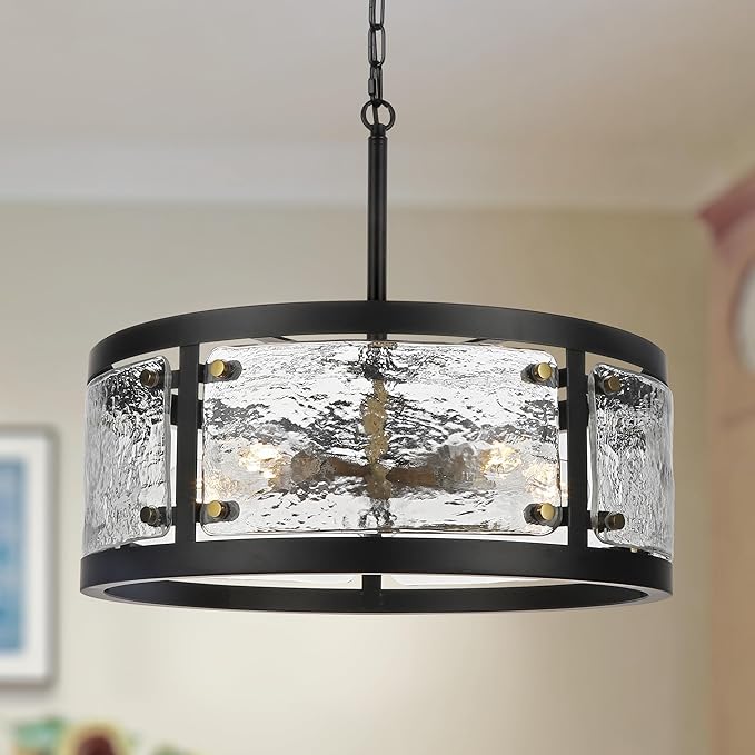 20" Farmhouse Round Black Chandelier, 5-Light Rustic Dining Room Light Fixtures Over Table, Industrial Glass Chandeliers for Dining Kitchen Living Room, Clear Waterglass Drum Shade-Ruum Studio Home