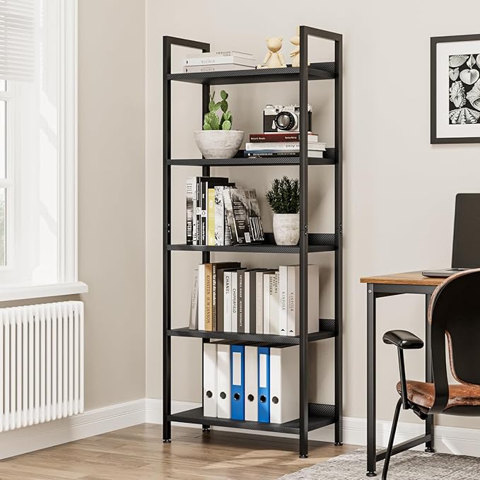 NUMENN Bookshelf, 5 Tier Bookshelves, Home Office Bookcase Shelf Storage Organizer, Free Standing Storage Shelving Unit for Bedroom, Living Room and Home Office, Carbon Fibre-Ruum Studio Home