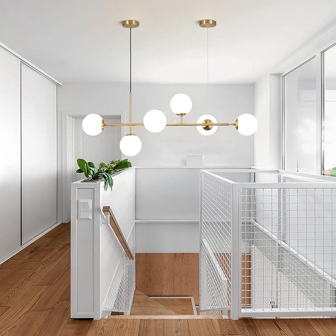 KCO Lighting Modern Globe Linear Chandelier 6 Light Milk Glass Chandeliers White and Gold Pendant Light Fixture Mid Century Rectangle Chandelier Brass Sputnik Island Lights for Kitchen-Ruum Studio Home