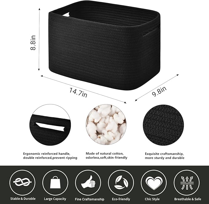 Storage Basket,Woven Baskets for Storage,Cotton Rope Baskets for Organizing,decorative Baskets for Shelves,book Basket,towel Basket,Toy Basket or Storage Bins for Living Room - 3 Pack,Black-Ruum Studio Home