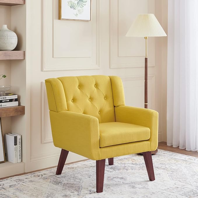 Accent Chair Button-Tufted Upholstered Living Room Chairs Comfy Reading Chair Mid Century Modern Chair with Linen Fabric Lounge Arm Chairs for Living Room Bedroom (Yellow)-Ruum Studio Home