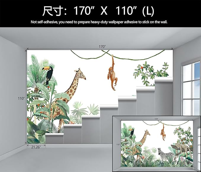 WFBHUA-Kids Safari Wallpaper Tropical Jungle Botanical Leaf Wall Mural for Nursery Boys Bedroom Girls Bedroom Playroom (Not Peel and Stick)-Ruum Studio Home