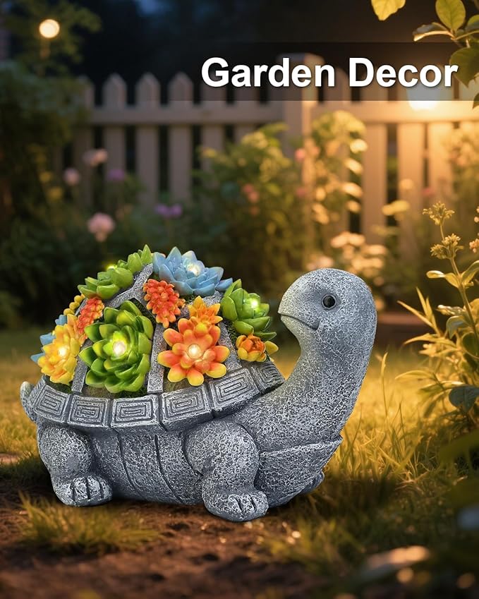 Solar Turtle Statue Garden Decor for Outside with Succulents and 7 LED Lights – 10.3 Inch Cute Lawn Ornaments for Patio, Porch, Balcony & Yard – Unique Birthday Gifts for Women Mom Grandma Wife-Ruum Studio Home