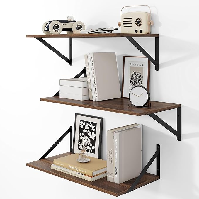 Heimlove 24" W x 12" D Wall Shelves for Books, 12 Inch Deep Floating Shelves Set of 3, Wide Floating Bookshelf with Metal Bracket for Living Room, Kitchen, Office, Bedroom and Decor Storage - Walnut-Ruum Studio Home