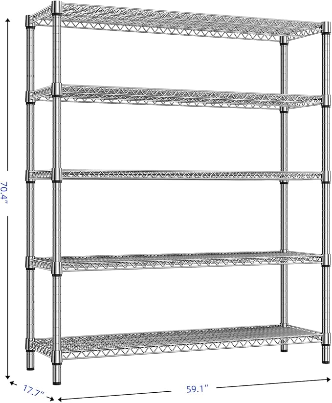 2200 Lbs 5 Tier Storage Rack Metal Wire Shelving Unit, Storage Standing Shelf Organizer for Laundry Bathroom Kitchen Pantry Closet Garage, Chrome 17.7" D x 59.1" W x 70.4" H-Ruum Studio Home